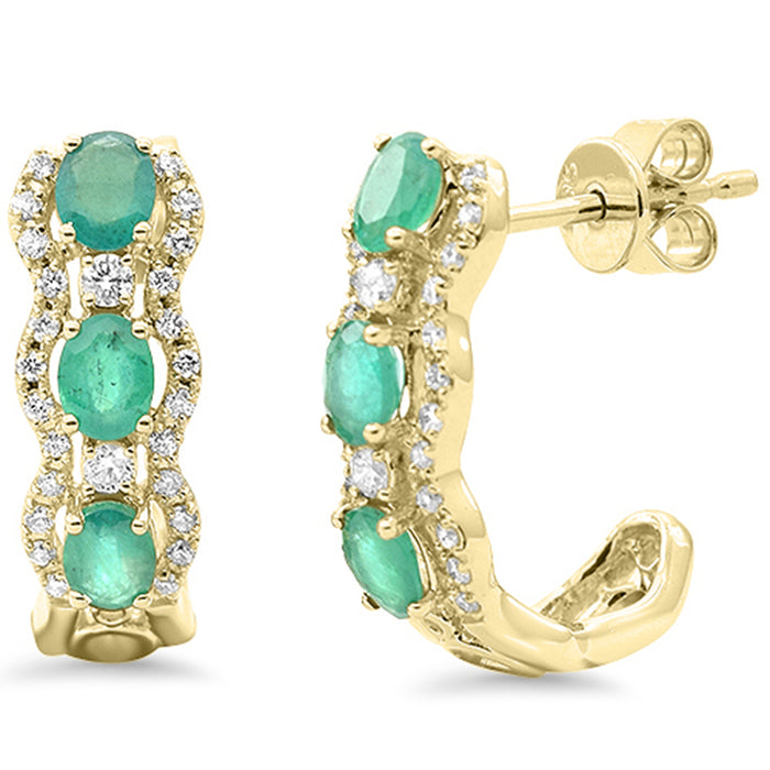 SPECIAL! 1.28ct G SI 14K Yellow Gold Diamond & Emerald Gemstone J Hoop Earrings