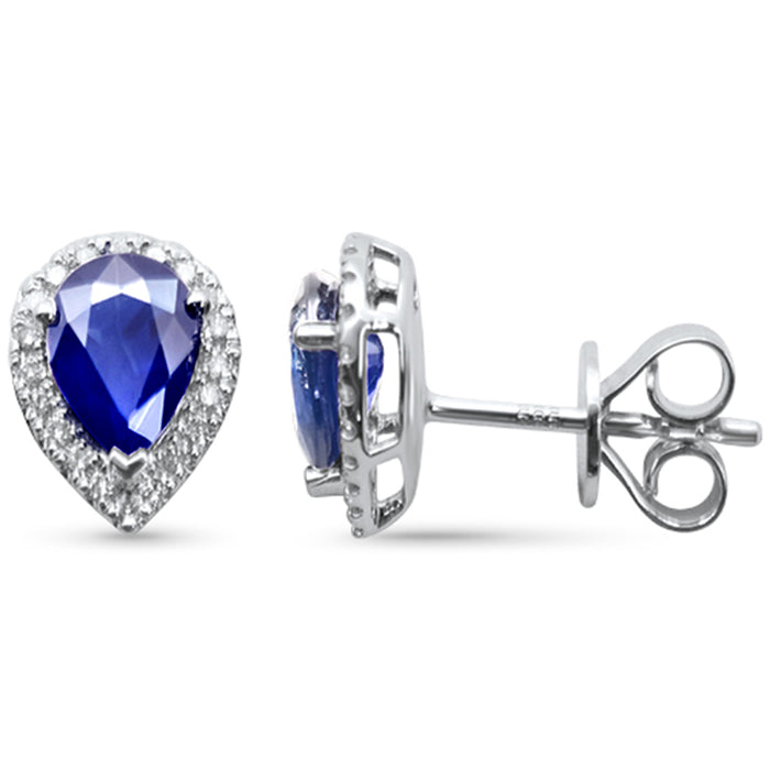 SPECIAL! 2.05ct G SI 14K White Gold Diamond & Blue Sapphire Gemstone Pear Tear Drop Earrings