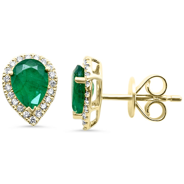 SPECIAL! 1.43ct G SI 14K Yellow Gold Diamond & Emerald Gemstone Pear Teardrop Stud Earrings