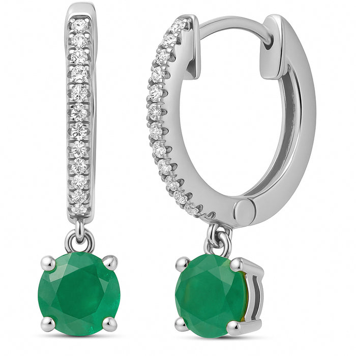 SPECIAL! .93ct G SI 14K White Gold Diamond & Emerald Gemstone Hoop Huggie Dangle Earrings