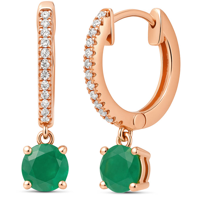 SPECIAL! 1.10ct G SI 14K Rose Gold Diamond & Emerald Gemstone Hoop Hughie Dangle Earrings