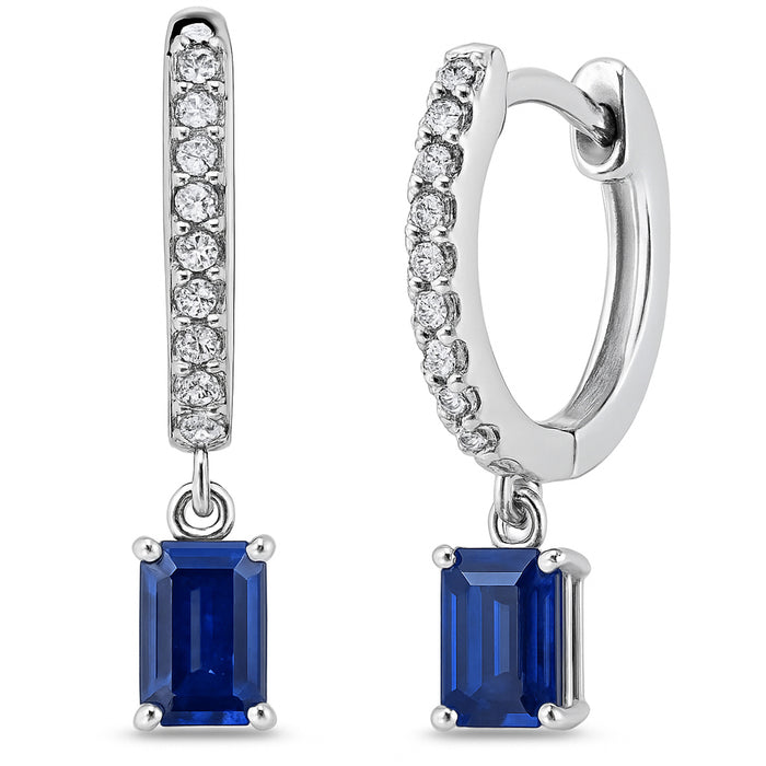 SPECIAL! .57ct G SI 14K White Gold Diamond & Blue Sapphire Gemstone Hoop Huggie Dangle Earrings