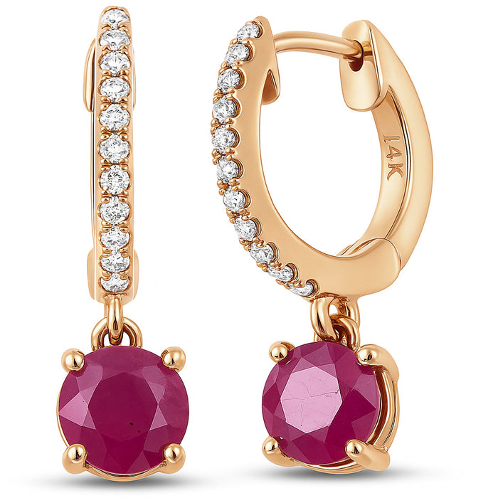 SPECIAL! 1.35ct G SI 14K Rose Gold Diamond & Ruby Gemstone Hoop Huggie Dangle Earrings