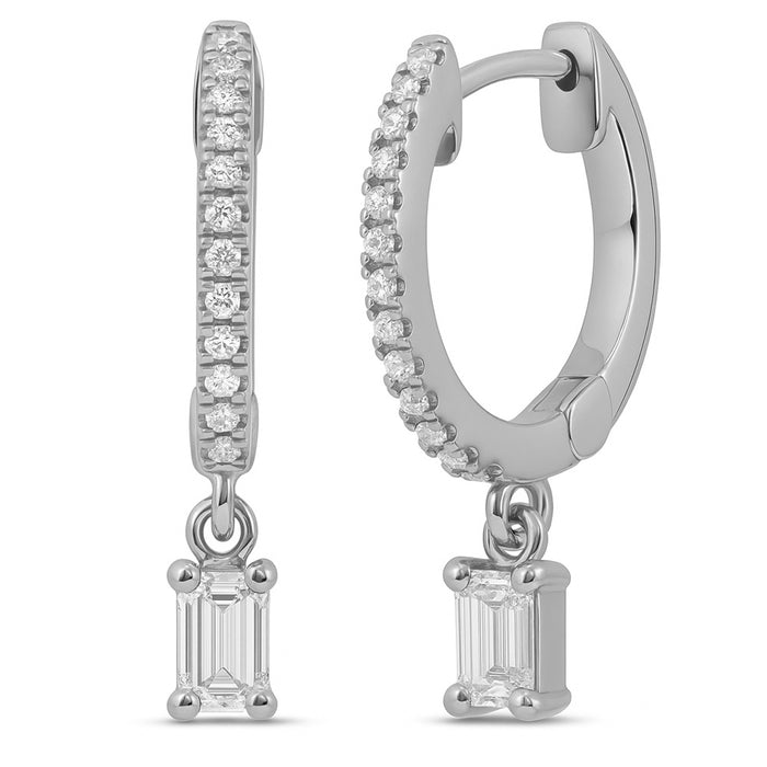 SPECIAL! .31ct G SI 14K White Gold Emerald Cut Diamond Hoop Huggie Dangle Earrings