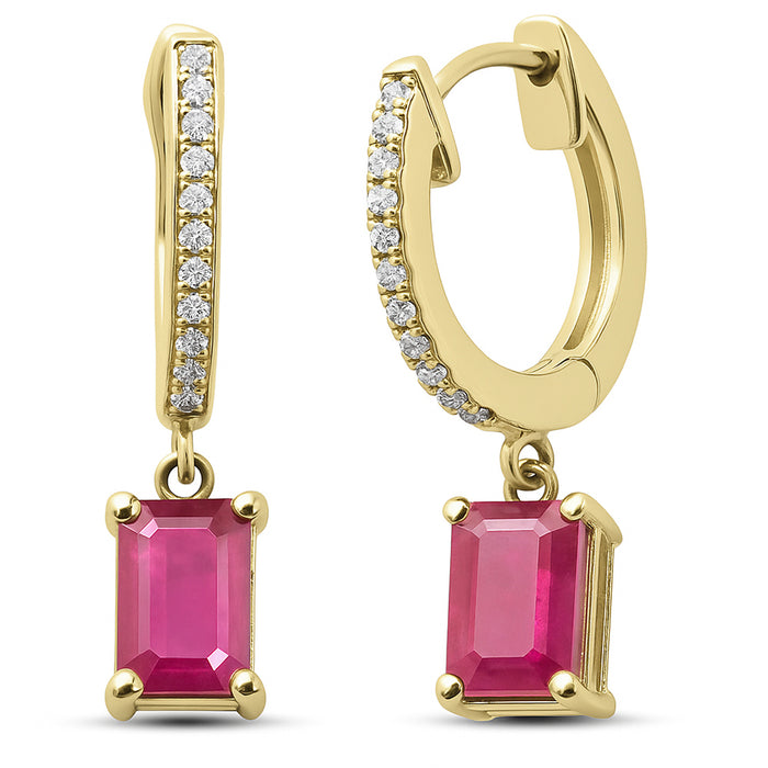 SPECIAL! 1.28ct G SI 14K Yellow Gold Diamond & Ruby Gemstone Hoop Huggie Dangle Earrings
