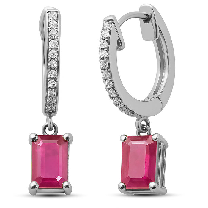SPECIAL! 1.54ct G SI 14K White Gold Diamond & Ruby Gemstone Hoop Huggie Dangle Earrings