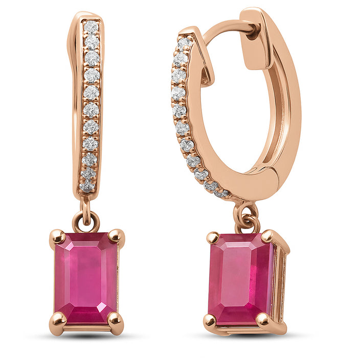 SPECIAL! .92ct G SI 14K Rose Gold Diamond & Ruby Gemstone Hoop Huggie Dangle Earrings