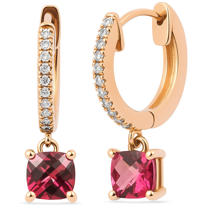 SPECIAL! .60ct G SI 14K Rose Gold Diamond & Ruby Gemstone Hoop Huggie Dangle Earrings