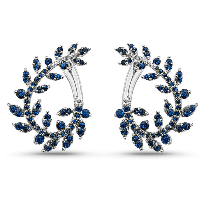 SPECIAL! 1.38ct G SI 14K White Gold Blue Sapphire Gemstone Olive Branch Ear Crawler Earrings