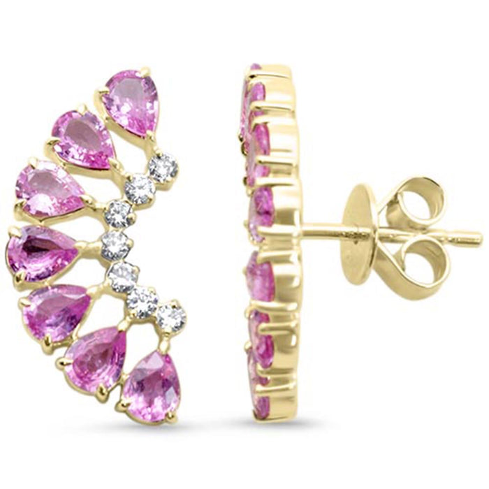 SPECIAL! 2.90ct G SI 14kt Yellow Gold Diamond & Pear Shape Pink Sapphire Gemstone Ear Crawler Earrings