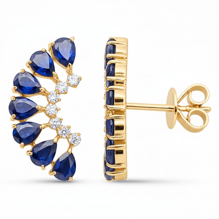 SPECIAL! 3.67ct G SI 14kt Yellow Gold Diamond & Pear Shape Blue Sapphire Gemstone Ear Crawler Earrings