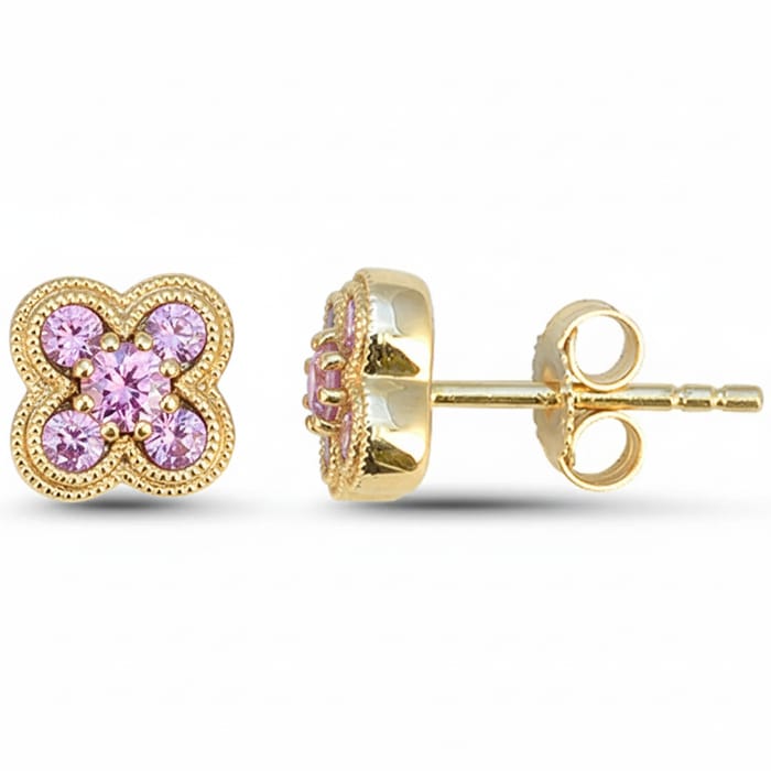 SPECIAL! .47ct G SI 14kt Yellow Gold Pink Sapphire Gemstone Clover Earrings
