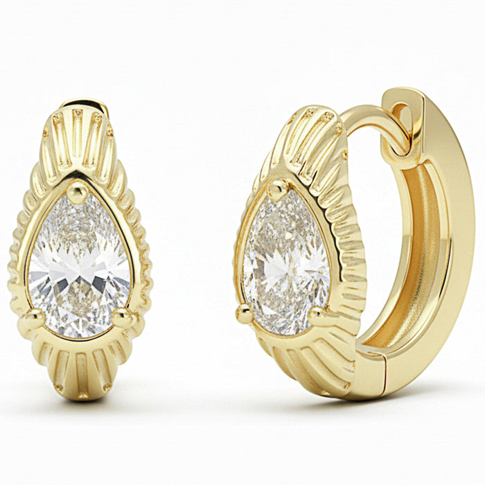 SPECIAL! .58ct G SI 14kt Yellow Gold Pear Diamond Bezel Set Scalloped Huggie Earrings