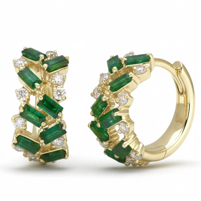 SPECIAL! 1.02ct G SI 14kt Yellow Gold Diamond & Emerald Gemstone Hoop Earrings
