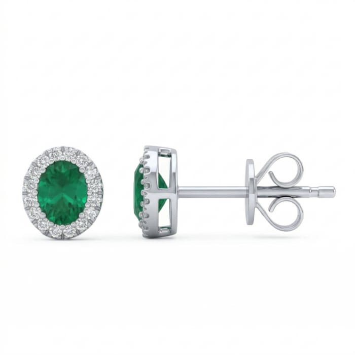 SPECIAL! .35ct G SI 14kt White Gold Diamond & Oval Emerald Gemstone Stud Earrings