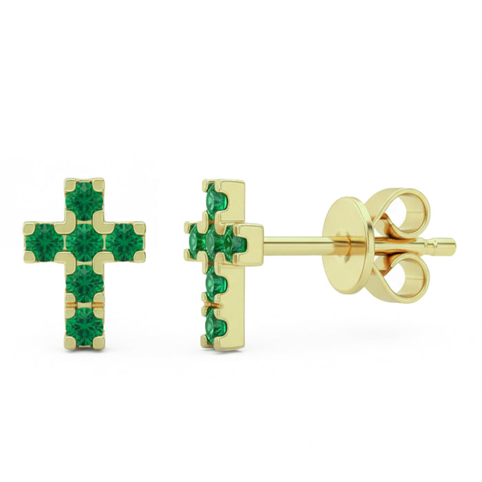 .16ct G SI 14kt Yellow Gold Emerald Gemstone Cross Stud Earrings