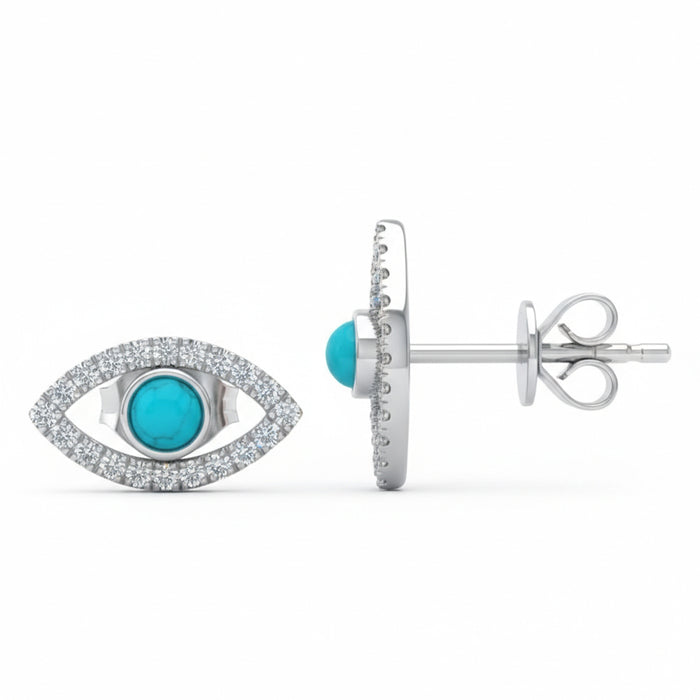 SPECIAL! .47ct G SI 14kt White Gold Diamond & Turquoise Gemstone Evil Eye Stud Earrings