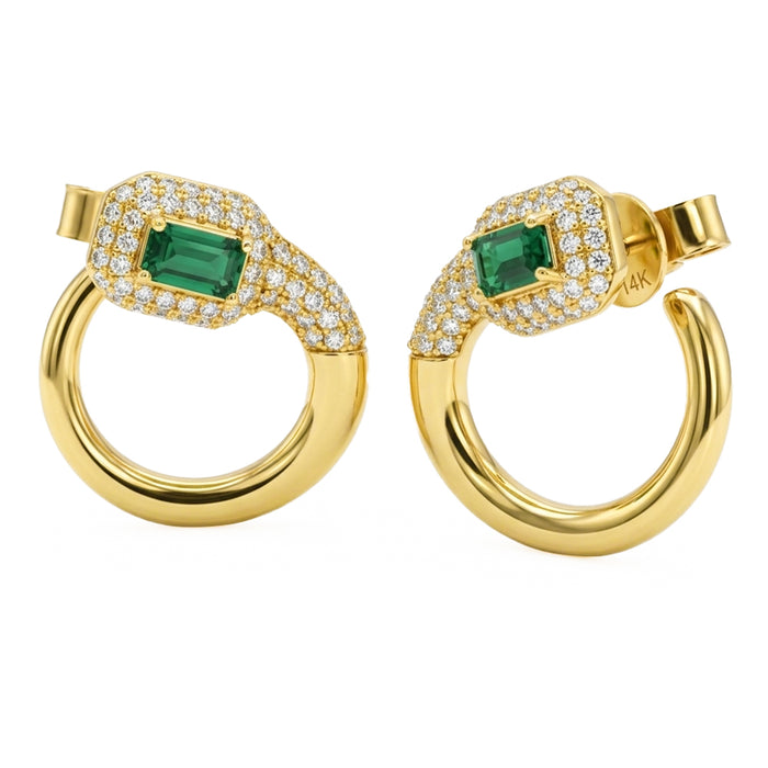 SPECIAL! .85ct G SI 14kt Yellow Gold Modern Diamond & Emerald Gemstone Hoop Earrings