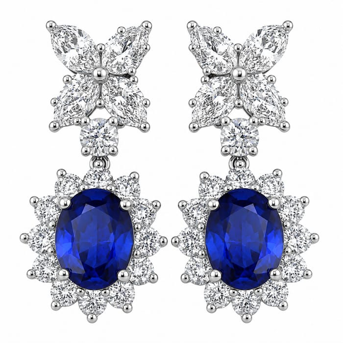 SPECIAL! 5.14ct G SI 14kt White Gold Diamond & Blue Sapphire Gemstone Drop Earrings