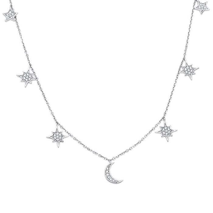 DIAMOND CLOSEOUT! .18ct 14kt White Gold Crescent Moon & Stars Diamond Pendant Necklace 18"