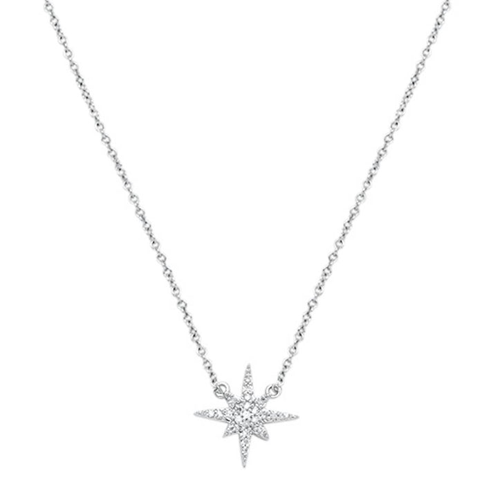 DIAMOND CLOSEOUT! .10cts 14kt White Gold Round Diamond Starburst Pendant Necklace 16+2" Ext Long