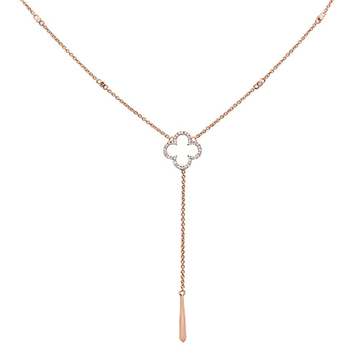 DIAMOND CLOSEOUT! .16cts 14k Rose Gold Diamond Clover Drop Lariat Pendant Necklace 18"