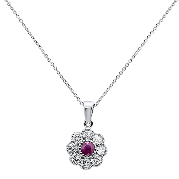GEMSTONE CLOSEOUT! 1.06ct 10k White Gold Ruby & Diamond Flower Pendant Necklace 18"