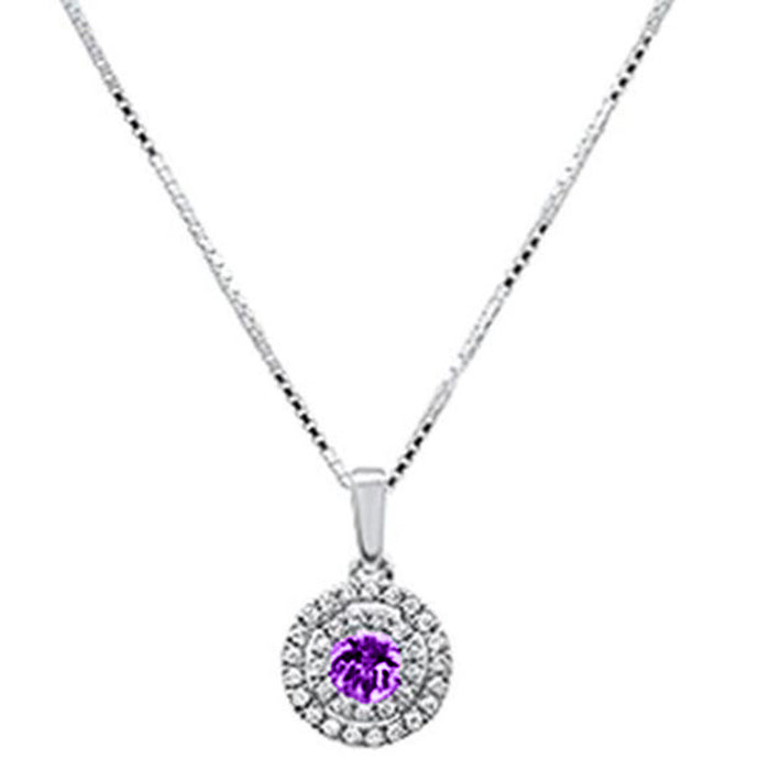 GEMSTONE CLOSEOUT .29ct G SI 10K White Gold Diamond & Amethyst Round Solitaire Pendant 18" Chain