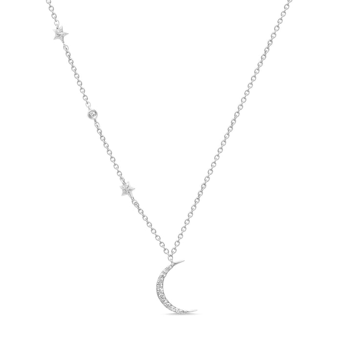 DIAMOND CLOSEOUT! .11ct 14k White Gold Diamond Star Crescent Moon Trendy Necklace 18"