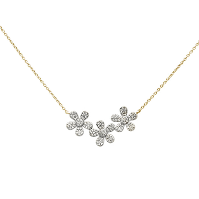 DIAMOND CLOSEOUT! .29ct 14k Yellow Gold Diamond Three Flower Pendant Necklace 16"+ 2" Ext
