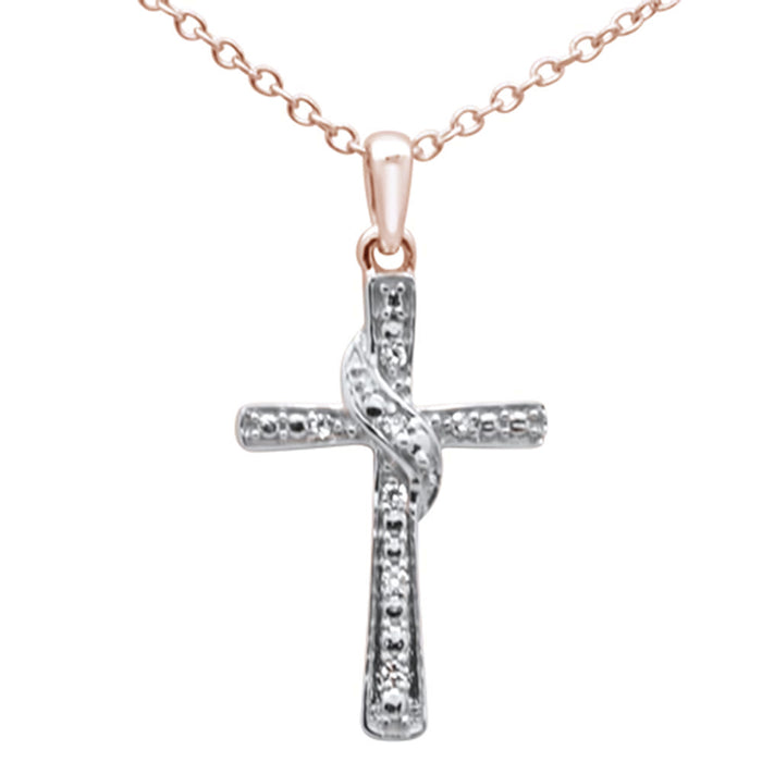 DIAMOND CLOSEOUT! .03ct G SI 10K Rose Gold Diamond Cross Charm Pendant 18" Long