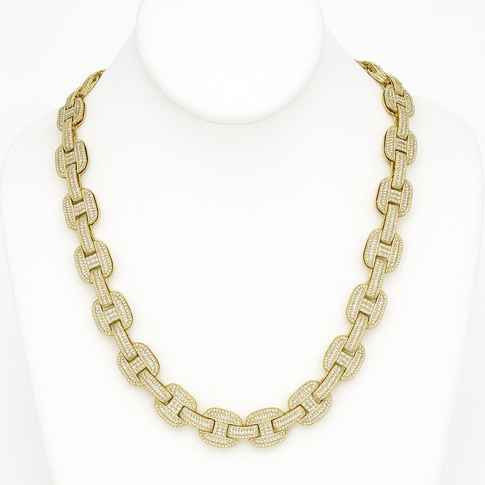 DIAMOND CLOSEOUT! 15mm 29.63ct G SI 14K Yellow Gold Iced Out Diamond Round & Baguette Necklace 22"
