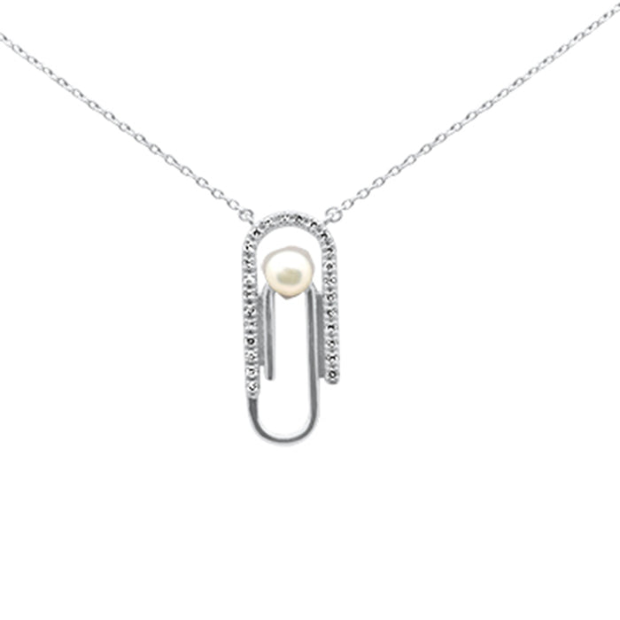 DIAMOND CLOSEOUT! .10ct G SI 14K White Gold Diamond Pearl Paperclip Style Pendant Necklace