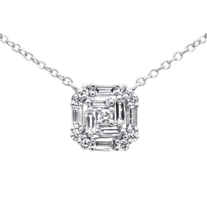 .25ct G SI 14K White Gold Round & Baguette Square Shaped Diamond Pendant Necklace 16"-18"