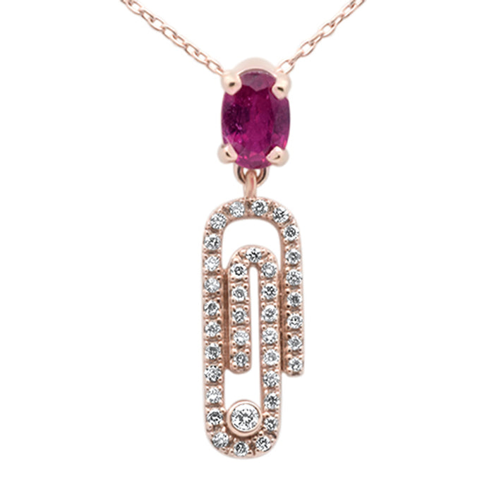 GEMSTONE CLOSEOUT! .92ct G SI 14K Rose Gold Oval Ruby Gemstone & Diamond Paperclip Pendant Necklace 18"