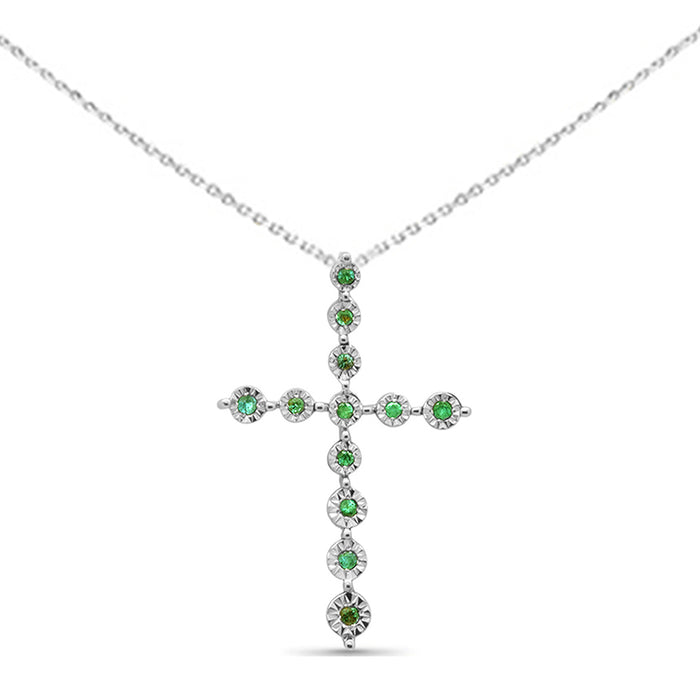 GEMSTONE CLOSEOUT ! .07ct G SI 14K White Gold Emerald Gemstone Cross Charm Pendant Necklace 18" Long