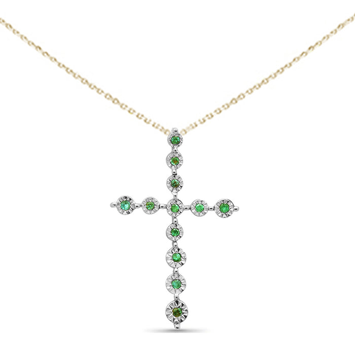 DIAMOND CLOSEOUT! .09ct G SI 14K Yellow Gold Emerald Gemstone Cross Charm Pendant Necklace 18" Long