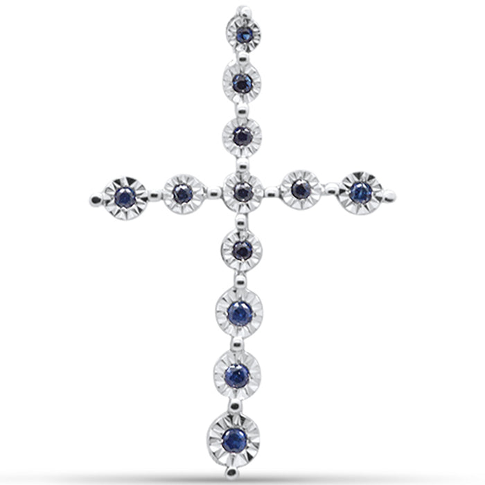 GEMSTONE CLOSEOUT ! .12ct G SI 14K White Gold Diamond & Blue Sapphire Gemstone Cross Pendant No Chain