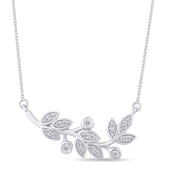 DIAMOND CLOSEOUT! .14ct G SI 14K White Gold Diamond Olive Branch Leaf Pendant Necklace 18" Long