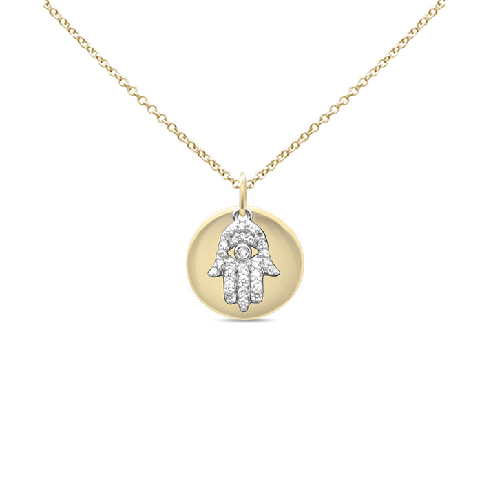 DIAMOND CLOSEOUT! .20ct G SI 14K Two Tone with Diamonds Round Shaped with Hamsa Pendant Necklace 18" Long