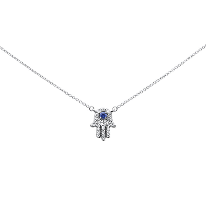 SPECIAL! .32ct G SI 14K White Gold Diamond & Blue Sapphire Hamsa Pendant Necklace 18" Long Chain