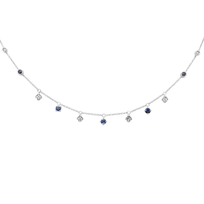 GEMSTONE CLOSEOUT! .88ct G SI 14K White Gold Diamond & Blue Sapphire Gemstone Pendant Necklace 16+2" Long Chain