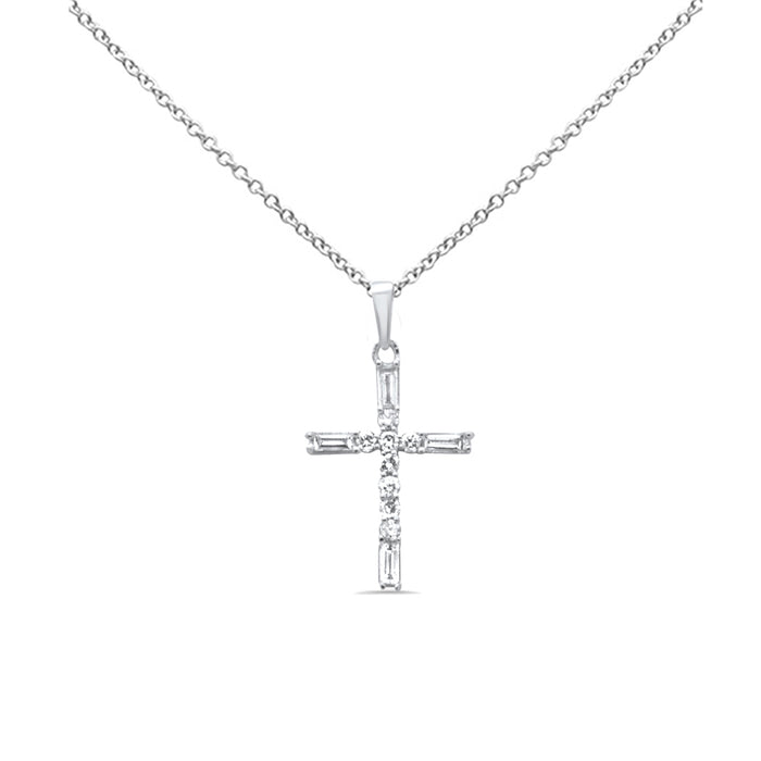 SPECIAL! .30ct G SI 14K White Gold Round & Baguette Diamond Cross Pendant Necklace 18" Long
