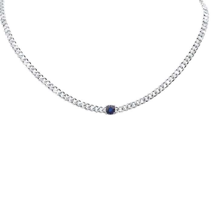 SPECIAL! 2.46ct G SI 14K White Gold Blue Sapphire Gemstone & Diamond Cuban Necklace 13+3" Long