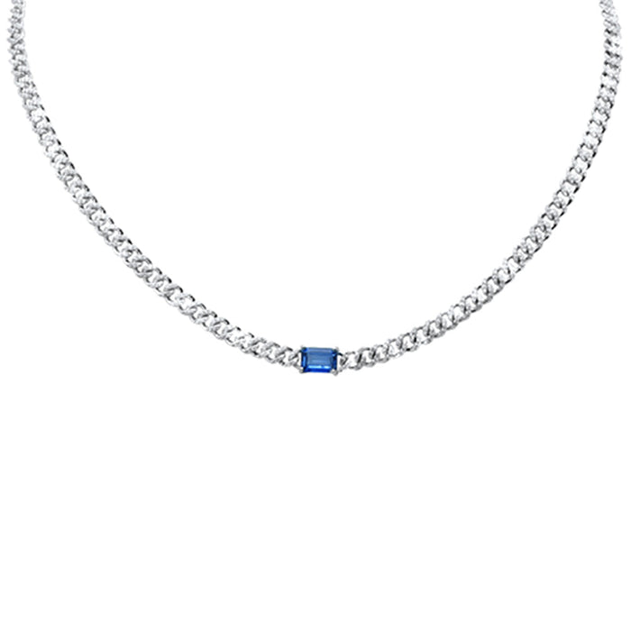 GEMSTONE CLOSEOUT! 2.66ct G SI 14K White Gold Blue Sapphire Gemstone & Diamond Cuban Necklace 13+3" Long