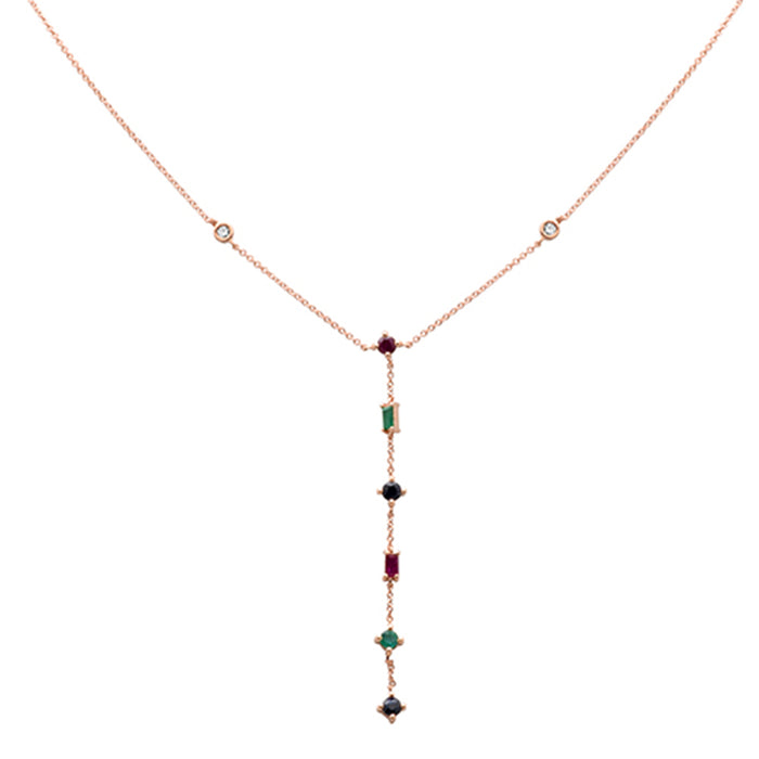 GEMSTONE CLOSEOUT! .80ct G SI 14K Rose Gold Diamond & Multi Color Gemstone Drop Lariat Necklace 16+2" Ext