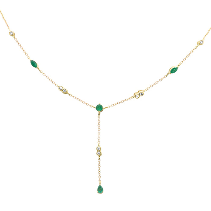 DIAMOND CLOSEOUT! .79ct G SI 14K Yellow Gold Diamond & Emerald Gemstone Drop Lariat Pendant Necklace 16" +2" EXT