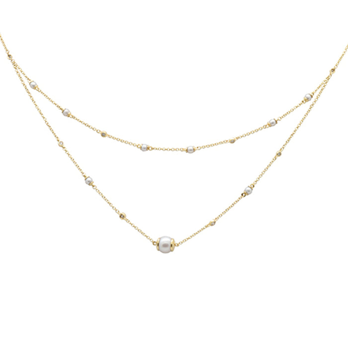 SPECIAL!.20ct G SI 14K Yellow Gold Diamond Double Chain Pearl Pendant Necklace 16+2" Long