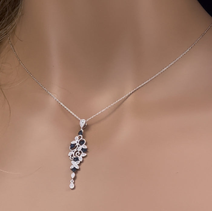 DIAMOND CLOSEOUT! .48ct G SI 14K White Gold Diamond Blue Sapphire Gemstones Pendant Necklace 18" Long Chain