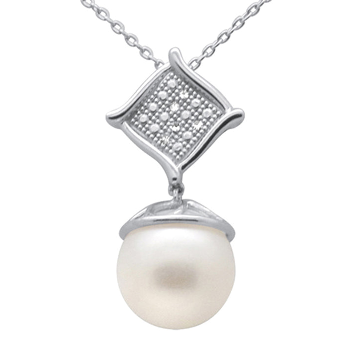 DIAMOND CLOSEOUT! .03ct G SI 14K White Gold Diamond Pearl Pendant Necklace 18" Long Chain